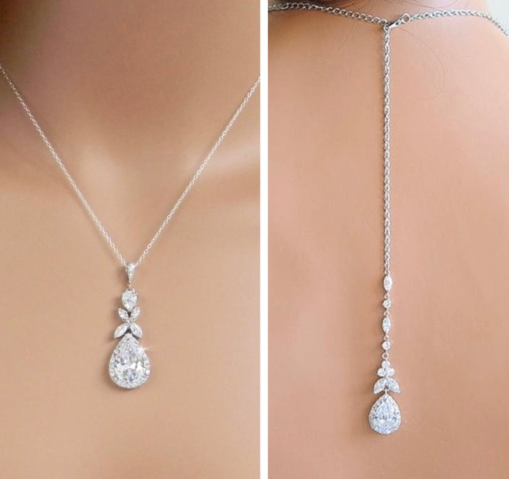 Wedding Jewelry - Cubic Zirconia Bridal Backdrop Necklace and Earrings Set