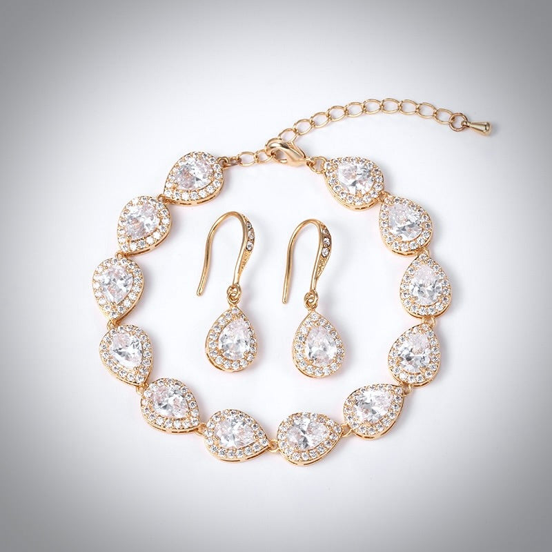Bridal Jewelry Sets - CZ Bridal Bracelet and Earrings Set - Available in Silver, Rose Gold and Yellow Gold