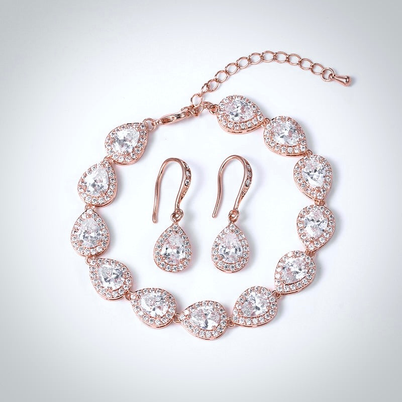 Bridal Jewelry Sets - CZ Bridal Bracelet and Earrings Set - Available in Silver, Rose Gold and Yellow Gold