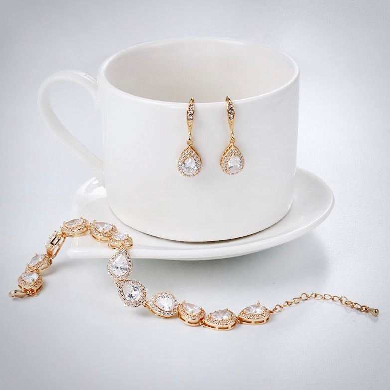 Bridal Jewelry Sets - CZ Bridal Bracelet and Earrings Set - Available in Silver, Rose Gold and Yellow Gold