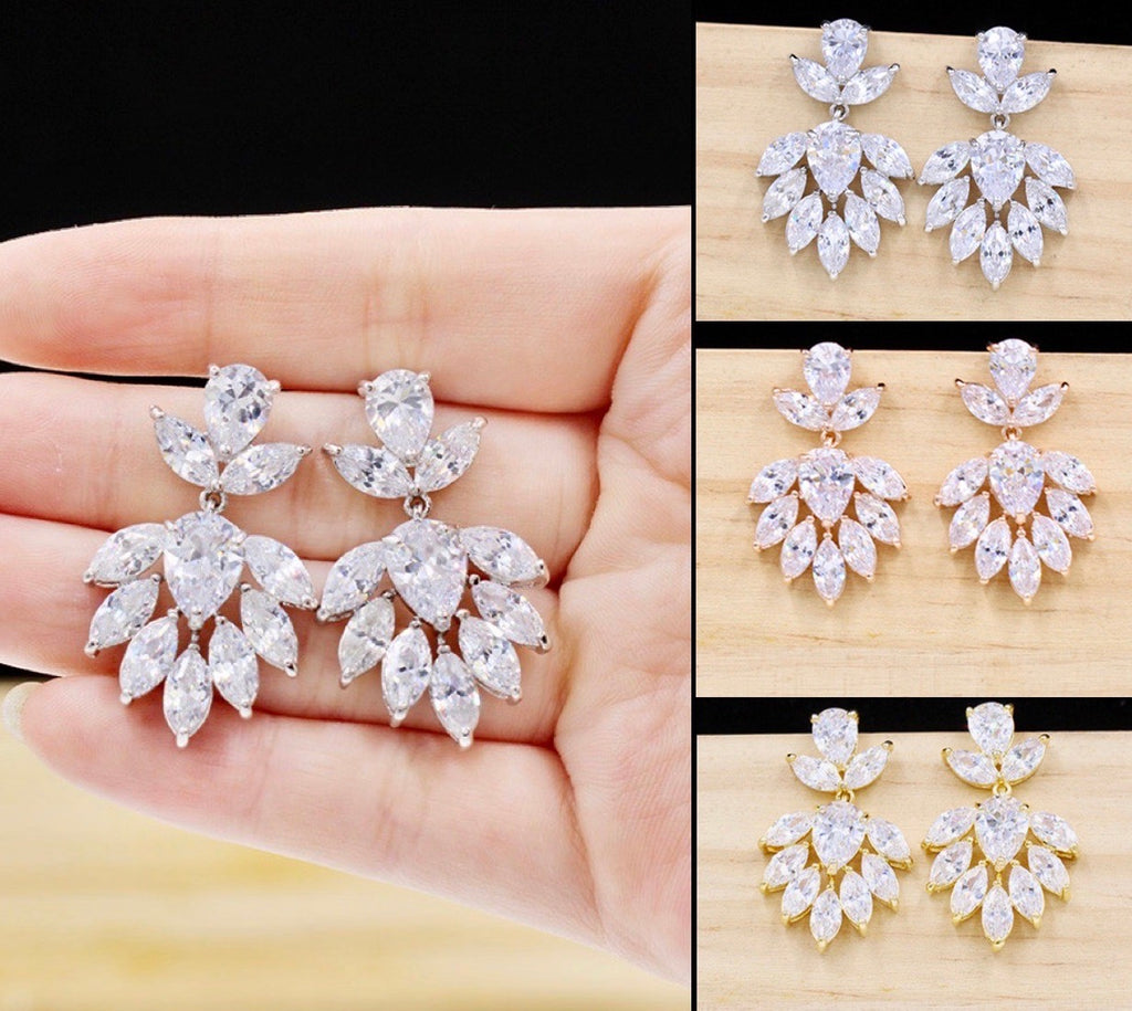 Wedding Jewelry - Cubic Zirconia Bridal Earrings - Available in Silver, Rose Gold and Yellow Gold 