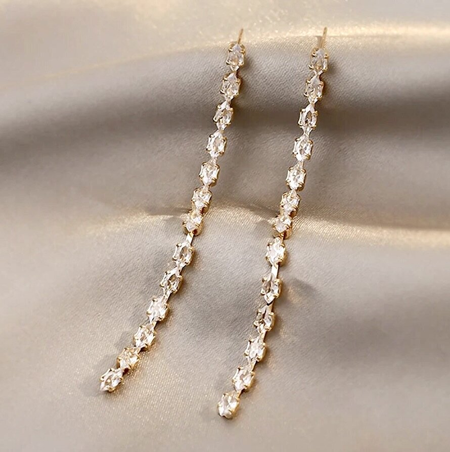 Wedding Jewelry - Long Cubic Zirconia Bridal Earrings