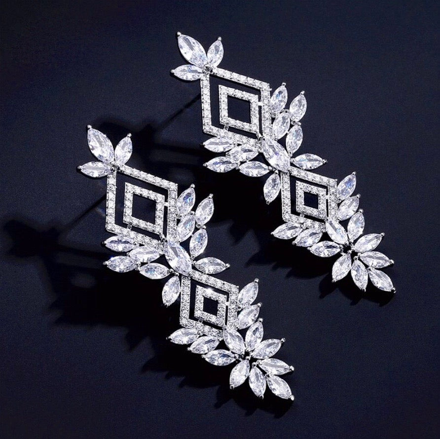 Wedding Jewelry - Silver Cubic Zirconia Bridal Earrings