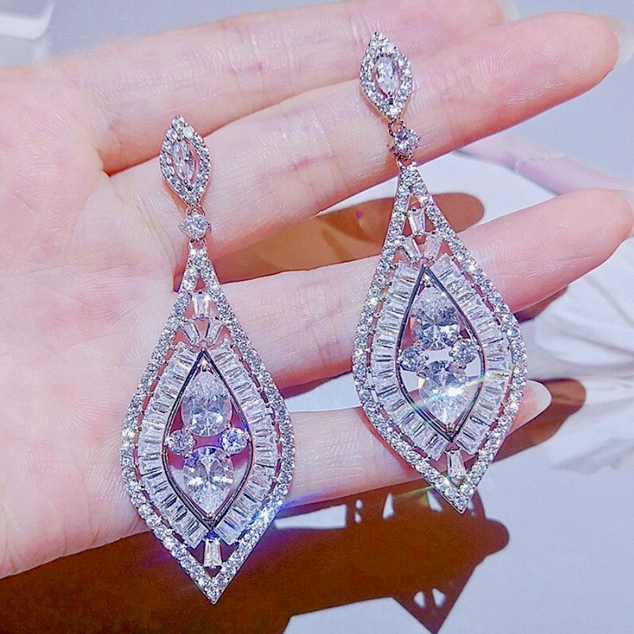 Wedding Jewelry - Silver Cubic Zirconia Bridal Earrings