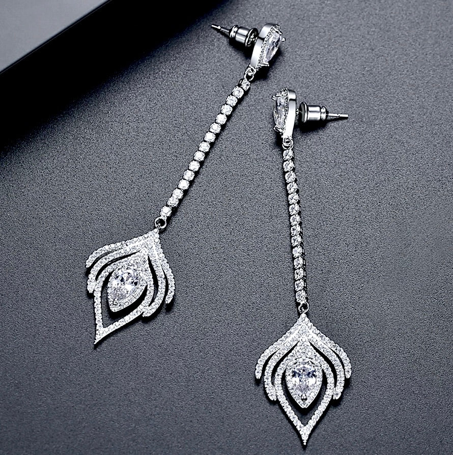 Wedding Jewelry - Silver Cubic Zirconia Bridal Earrings