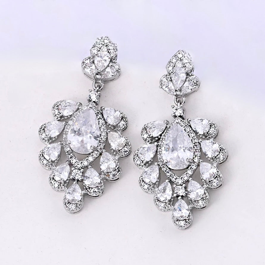 Wedding Jewelry - Silver Cubic Zirconia Bridal Earrings
