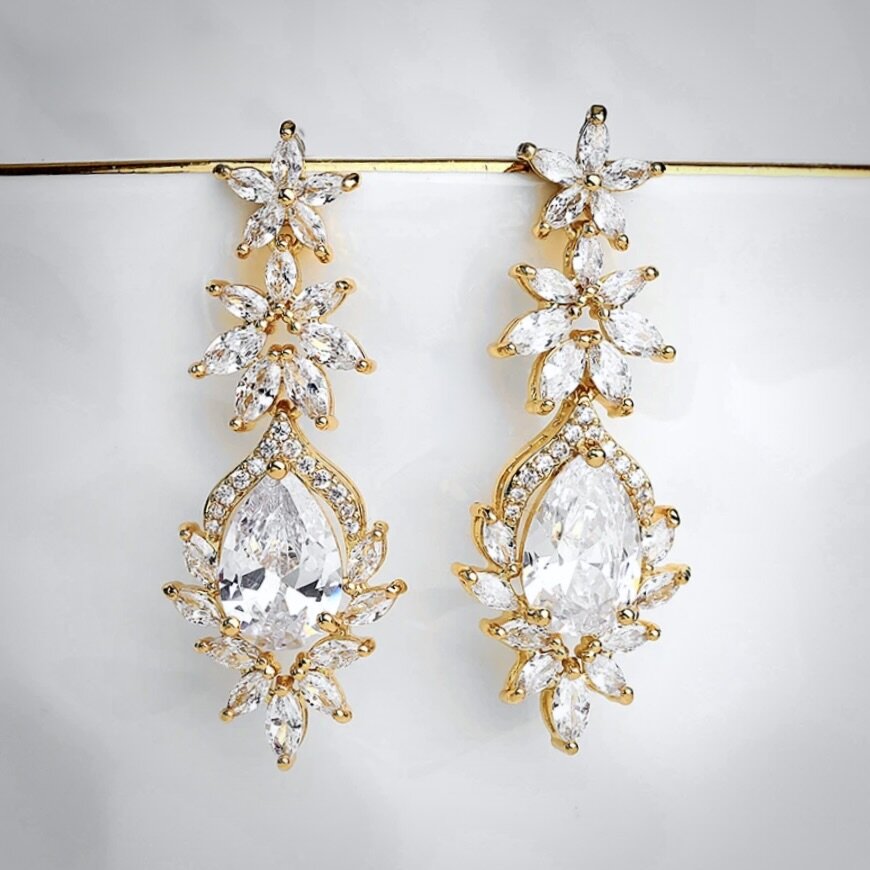 Wedding Jewelry - Cubic Zirconia Bridal Earrings - Available in Rose Gold, Silver and Yellow Gold