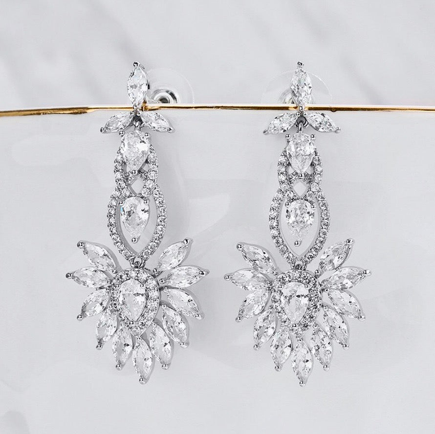 Wedding Jewelry - Silver Cubic Zirconia Bridal Earrings