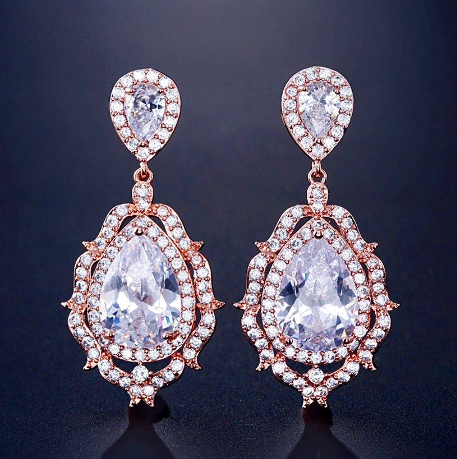 Wedding Jewelry - Cubic Zirconia Bridal Drop Earrings - Available in silver and Rose Gold