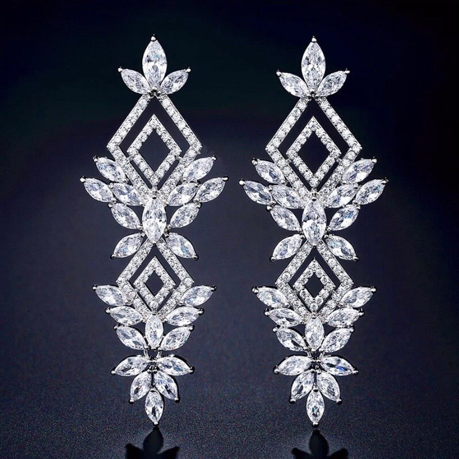 Wedding Jewelry - Silver Cubic Zirconia Bridal Earrings