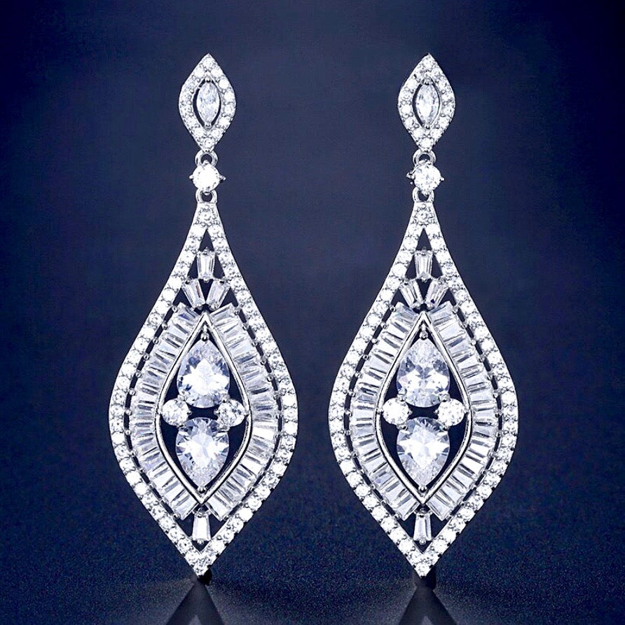 Wedding Jewelry - Silver Cubic Zirconia Bridal Earrings