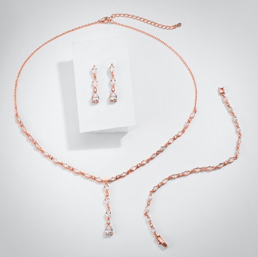Wedding Jewelry - Silver Cubic Zirconia Bridal Three-Piece Jewelry Set - Available in Silver and Rose Gold