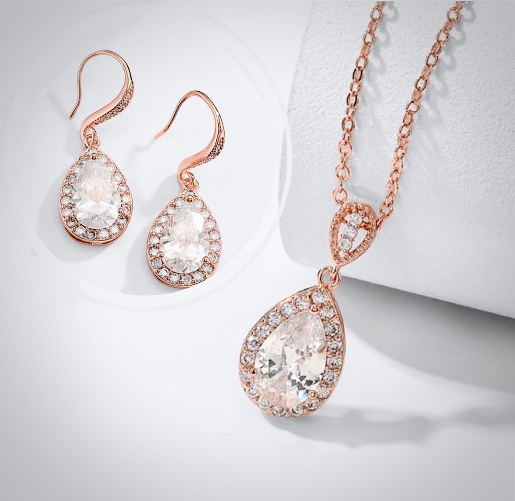 Buy Rose Gold Bridal Set, Bridesmaids Jewelry Set, Crystal Pendant and  Earrings, Simple Back Drop Necklace, Ariel Rose Gold Bridal Jewelry SET  Online in India - Etsy