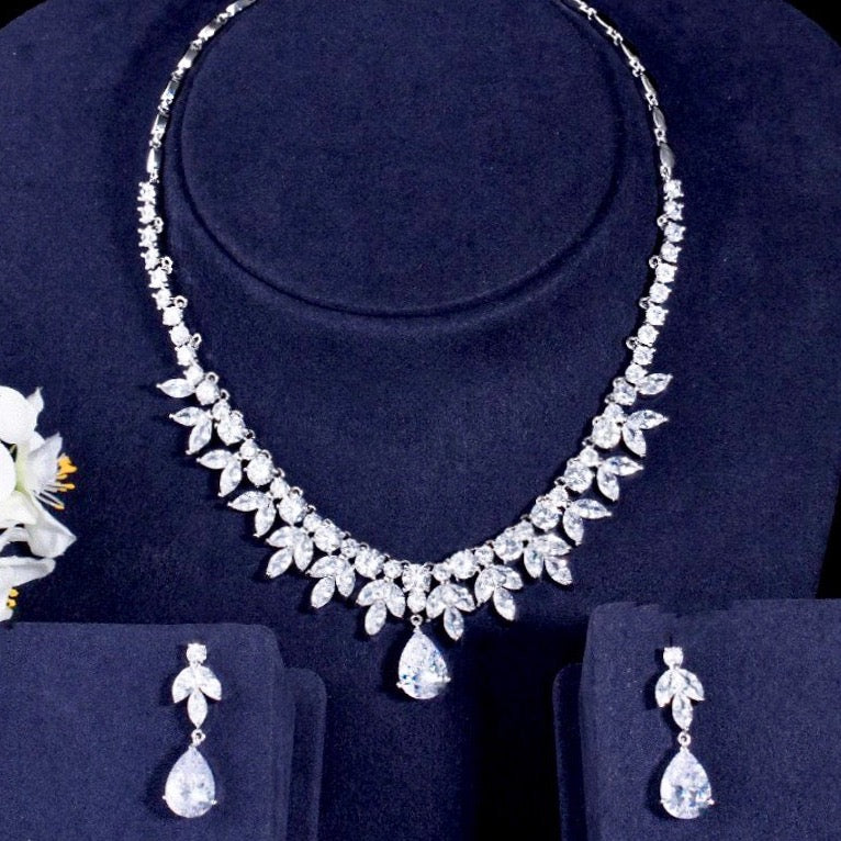 Rubans Rhodium-Plated CZ-Studded Necklace Earrings Set