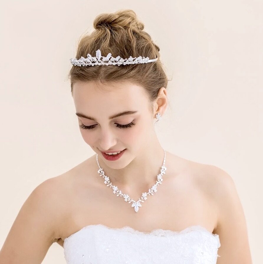 Wedding Jewelry - Silver Cubic Zirconia Bridal 3-Piece Jewelry Set With Tiara