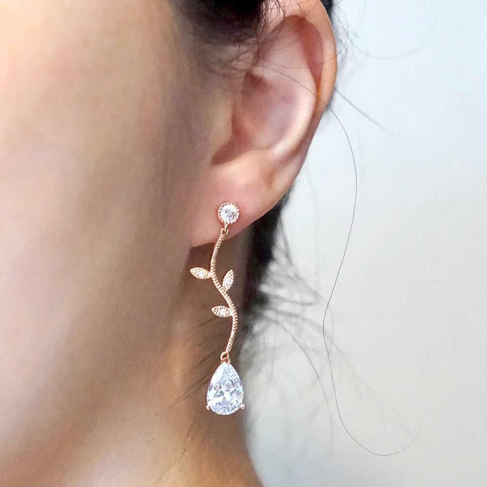Wedding Jewelry - CZ Vine Bridal Earrings - Available in Silver, Rose Gold and Yellow Gold