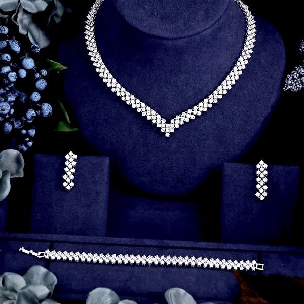 Wedding Jewelry - Silver Cubic Zirconia Bridal Three-Piece Jewelry Set