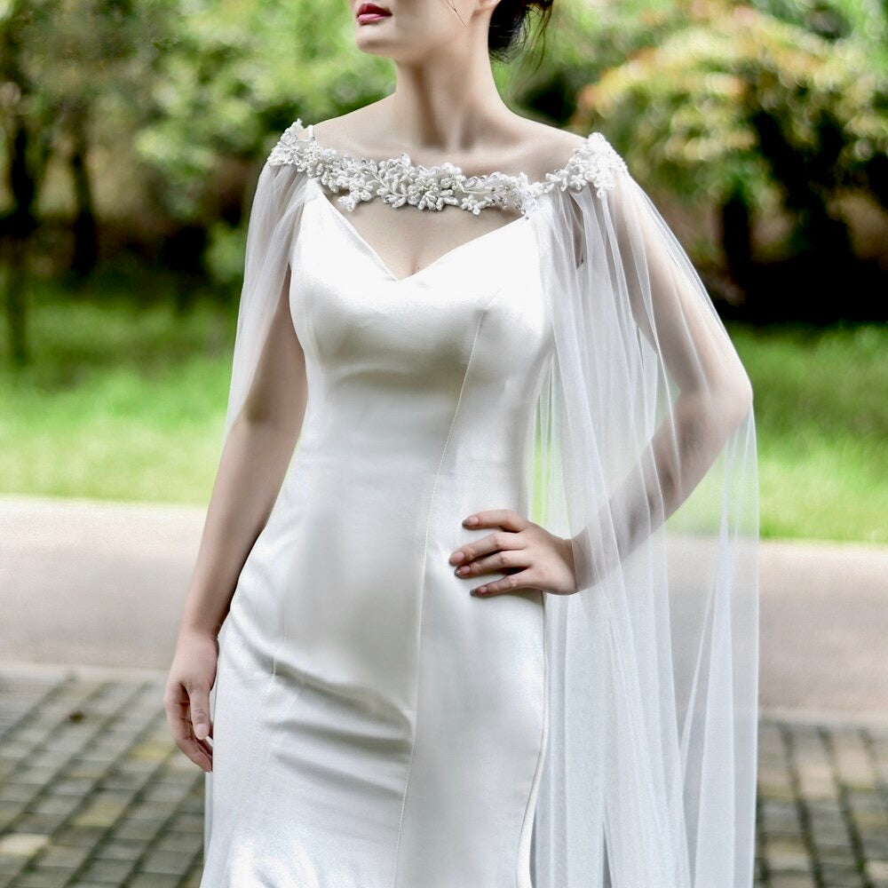 Wedding Veils - Bridal Pearl Cape Veil - Cathedral Length