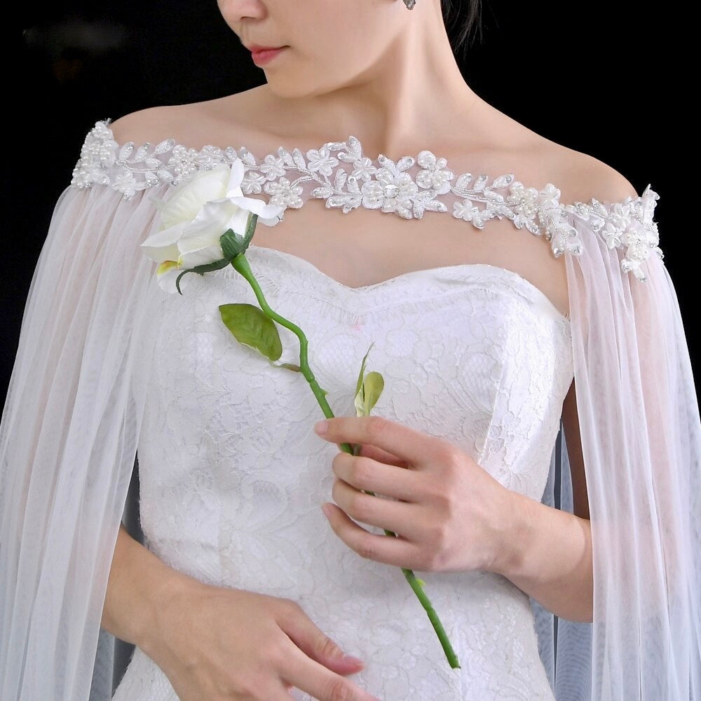 Wedding Veils - Bridal Pearl Cape Veil - Cathedral Length