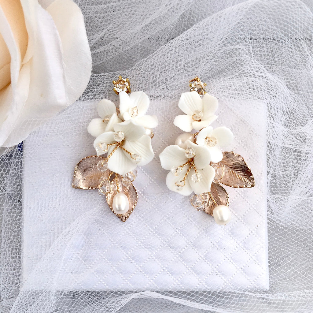 Wedding Hair Accessories - Ceramic Flowers Bridal Hair Comb and Earrings Set - Available in Silver and Gold