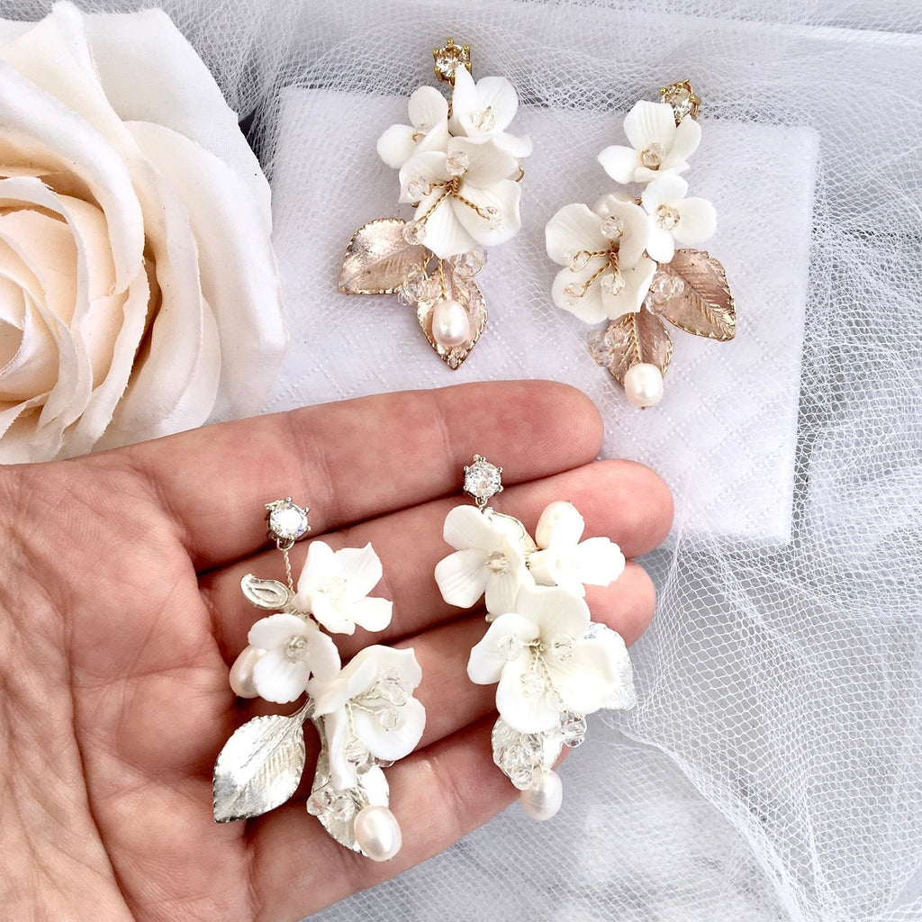 Wedding Hair Accessories - Ceramic Flowers Bridal Earrings - Available in Silver and Gold