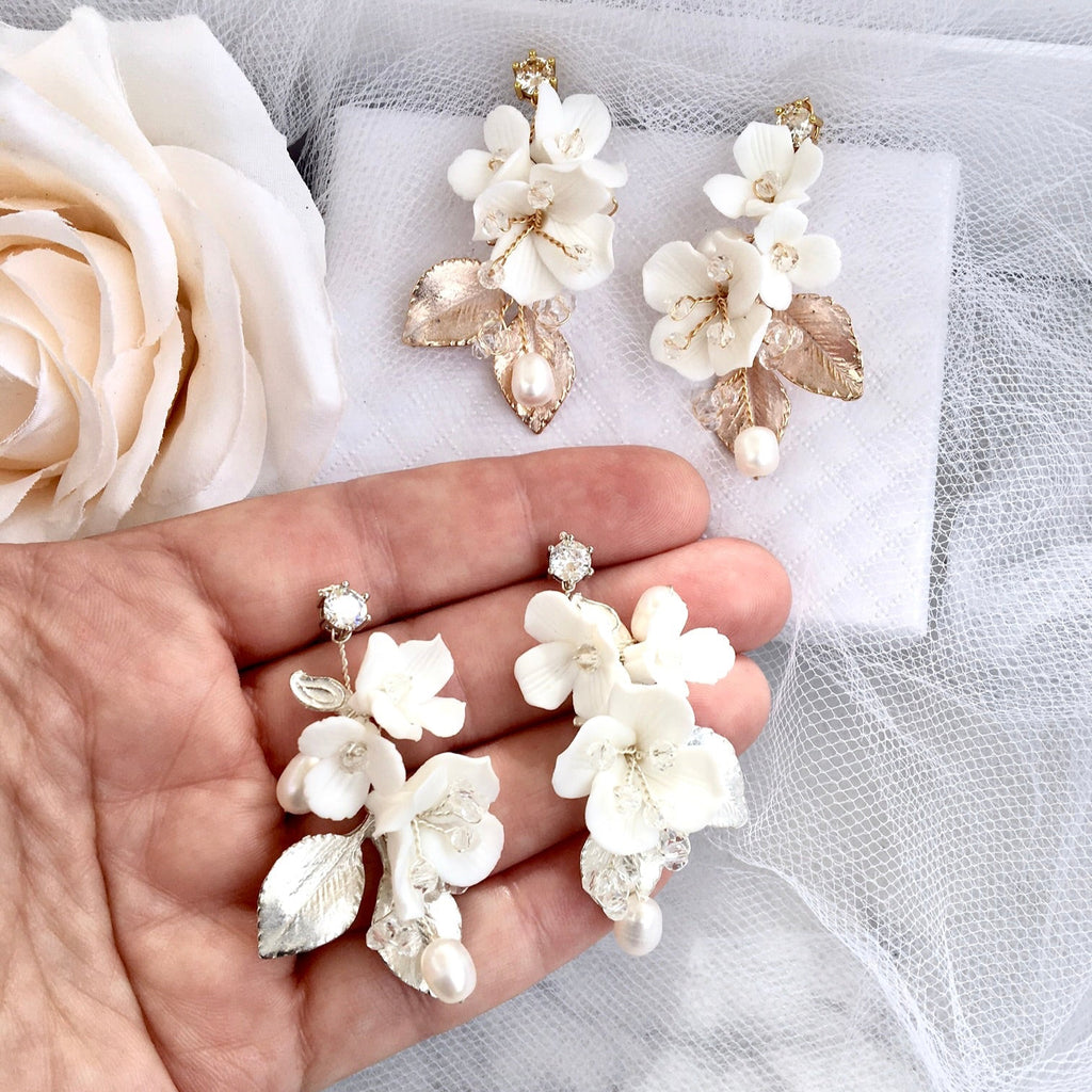 Wedding Hair Accessories - Ceramic Flowers Bridal Hair Comb and Earrings Set - Available in Silver and Gold