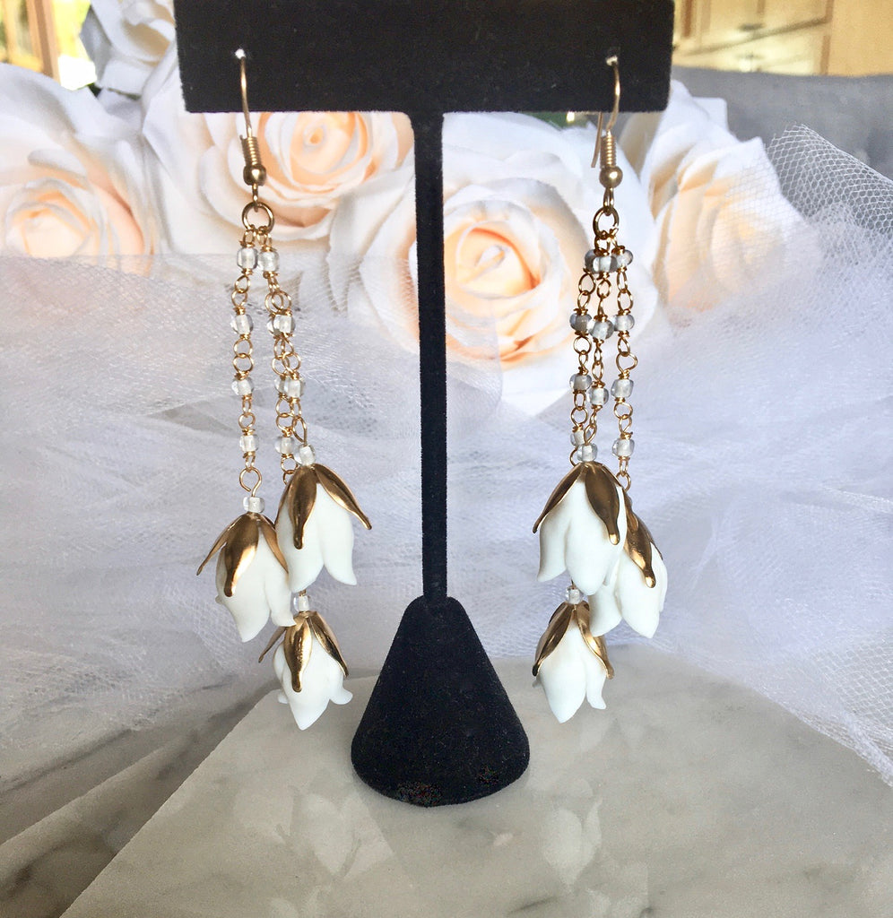 Wedding Pearl Jewelry - Bohemian Ceramic Flowers Bridal Earrings