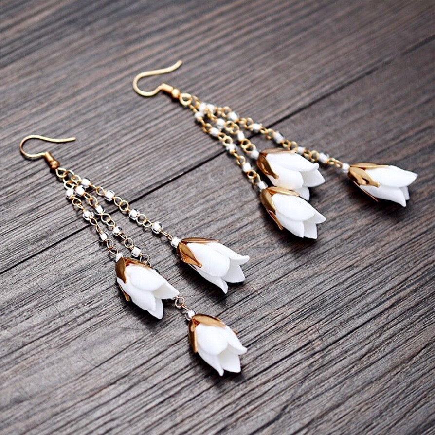 Wedding Pearl Jewelry - Bohemian Ceramic Flowers Bridal Earrings