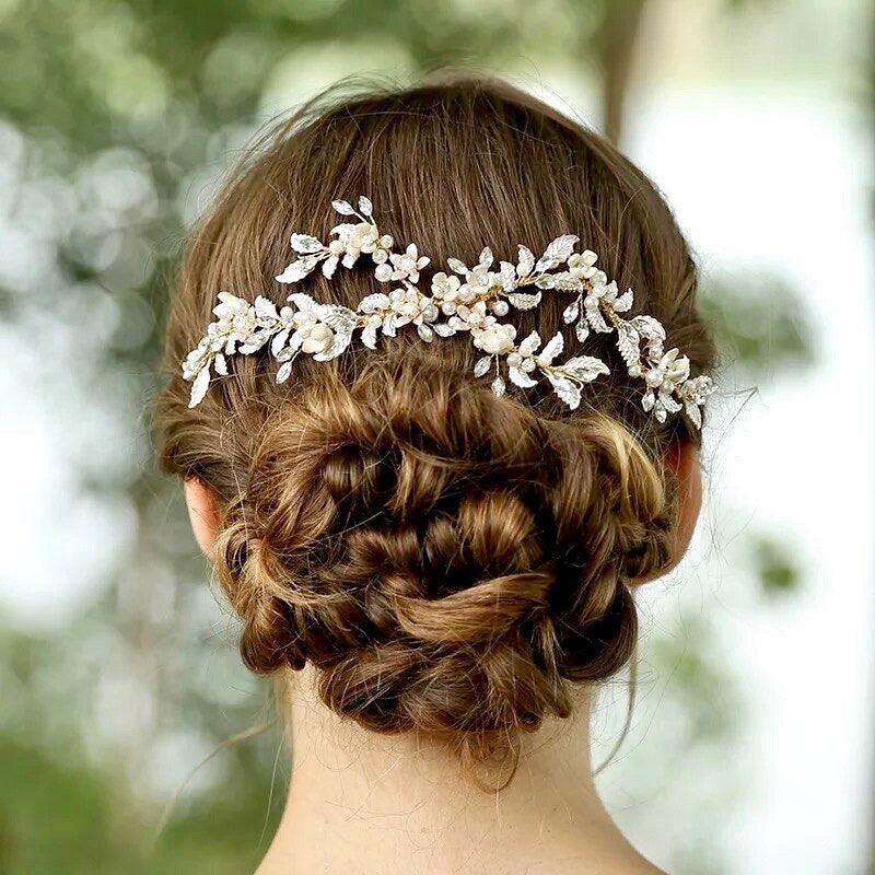 Wedding Hair Accessories - Ceramic Flowers Bridal Hair Comb / Vine - Available in Silver and Gold