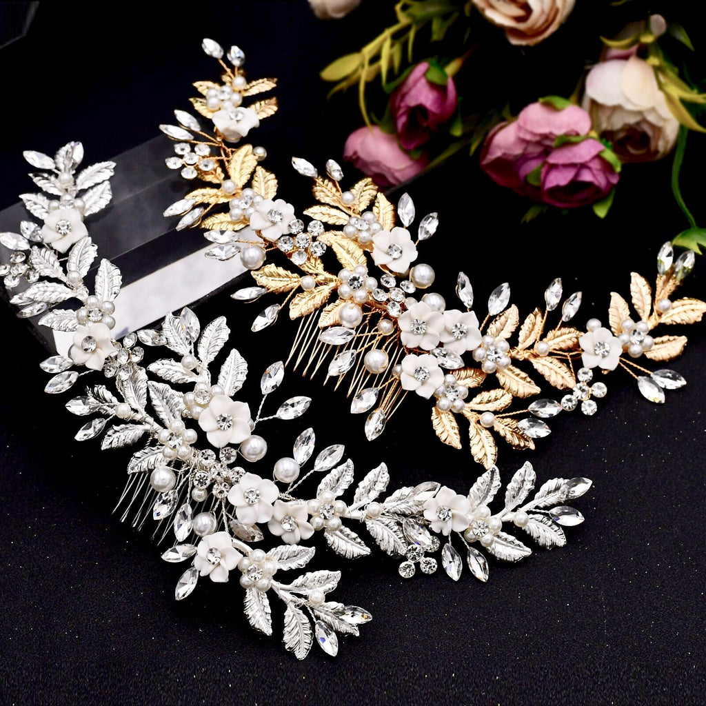 Wedding Hair Accessories - Ceramic Flowers Bridal Hair Comb / Vine - Available in Silver and Gold