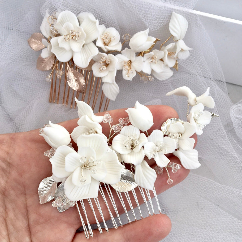 Wedding Hair Accessories - Ceramic Flowers Bridal Hair Comb - Available in Silver and Gold