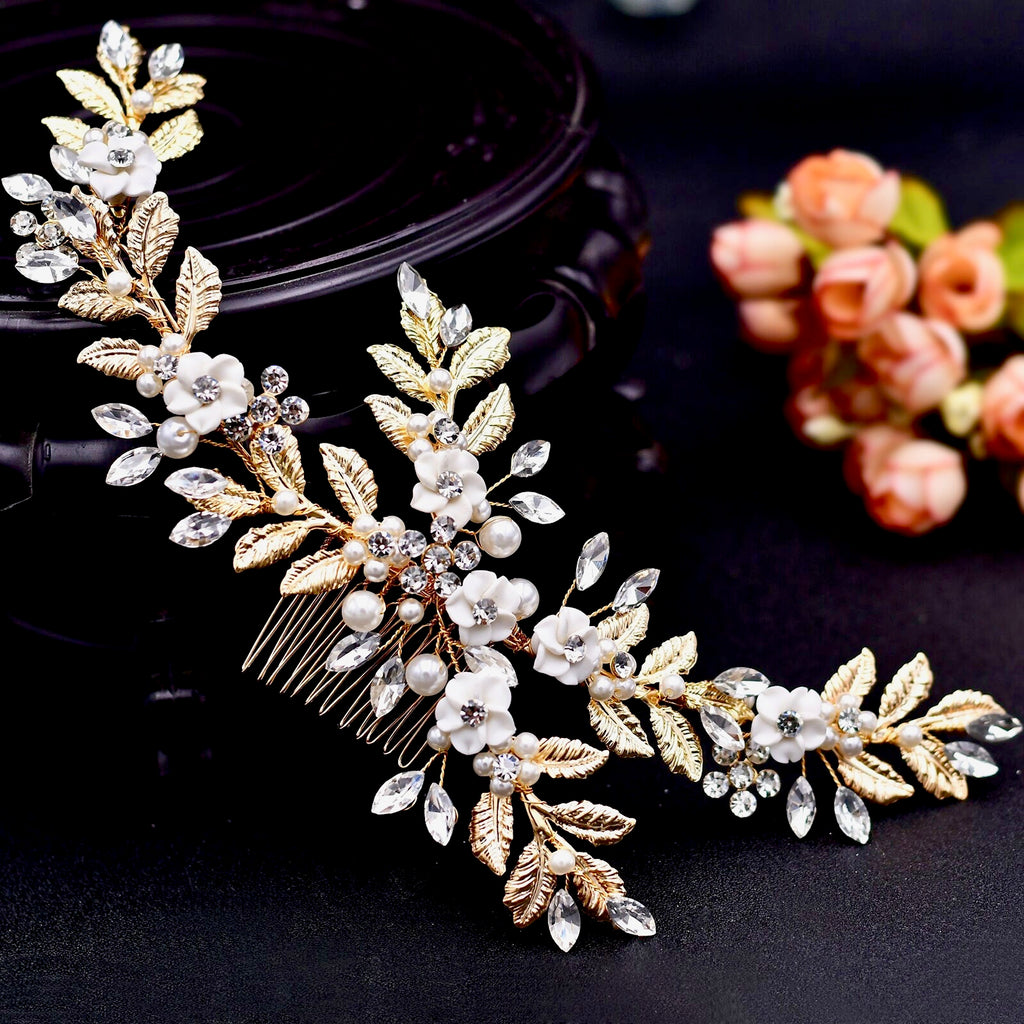 Wedding Hair Accessories - Ceramic Flowers Bridal Hair Comb / Vine - Available in Silver and Gold