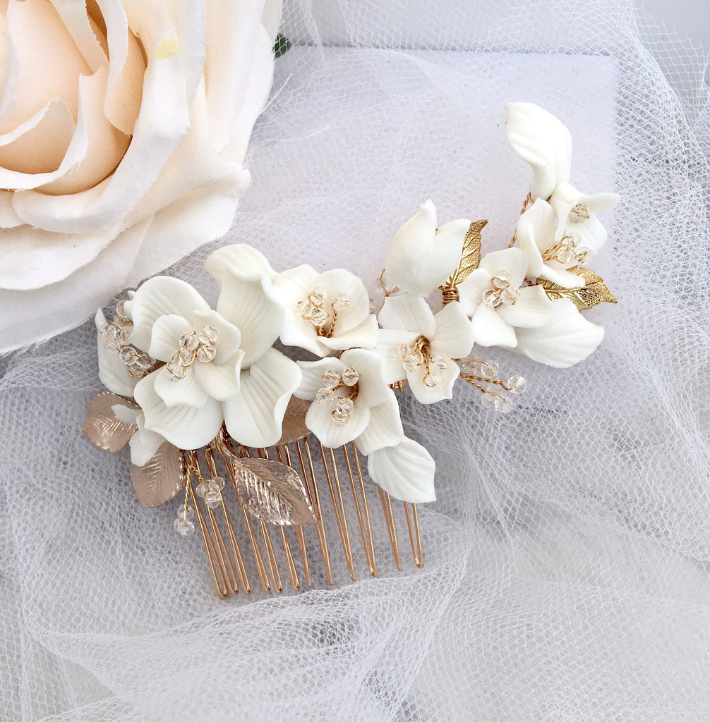 Wedding Hair Accessories - Ceramic Flowers Bridal Hair Comb and Earrings Set - Available in Silver and Gold