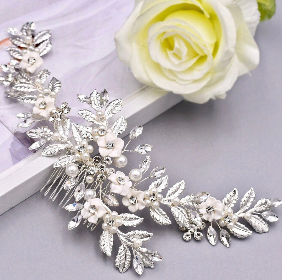 Wedding Hair Accessories - Ceramic Flowers Bridal Hair Comb / Vine - Available in Silver and Gold