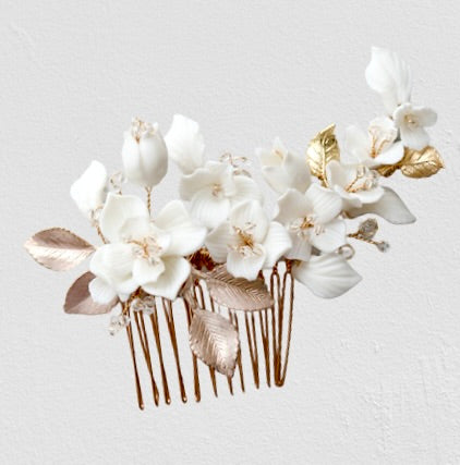 Wedding Hair Accessories - Ceramic Flowers Bridal Hair Comb - Available in Silver and Gold