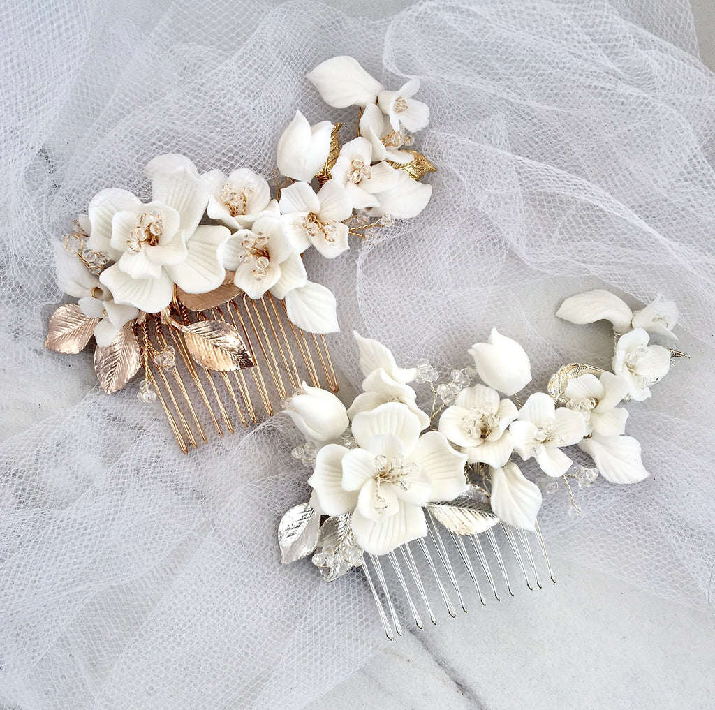 Wedding Hair Accessories - Ceramic Flowers Bridal Hair Comb - Available in Silver and Gold