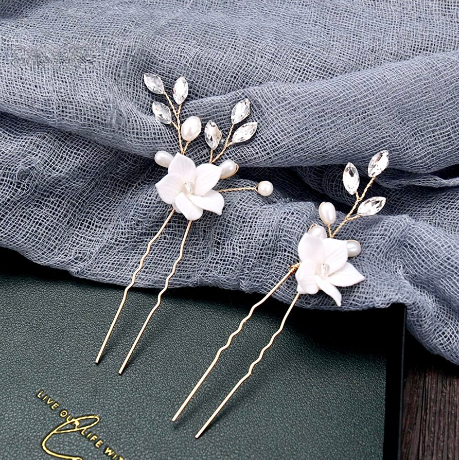 Wedding Hair Accessories - Gold Ceramic Flowers Bridal Hair Comb and Pins Set