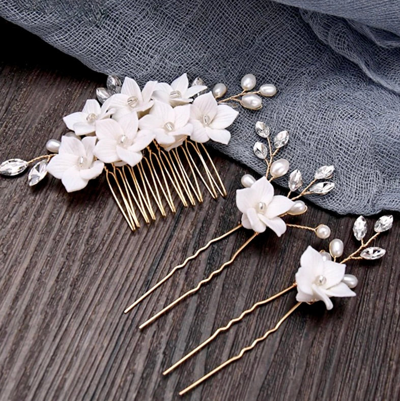 Wedding Hair Accessories - Gold Ceramic Flowers Bridal Hair Comb and Pins Set