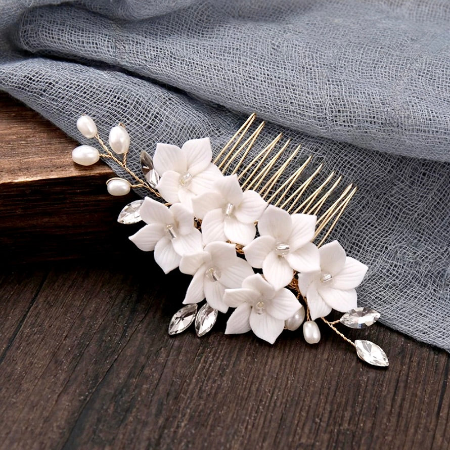 Wedding Hair Accessories - Gold Ceramic Flowers Bridal Hair Comb and Pins Set