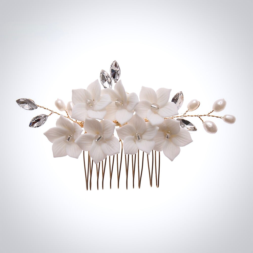 Wedding Hair Accessories - Gold Ceramic Flowers Bridal Hair Comb and Pins Set