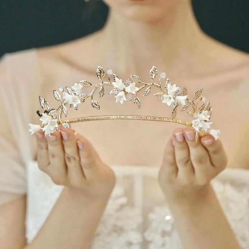 Wedding Hair Accessories - Gold Bridal Ceramic Flowers Double Tiara