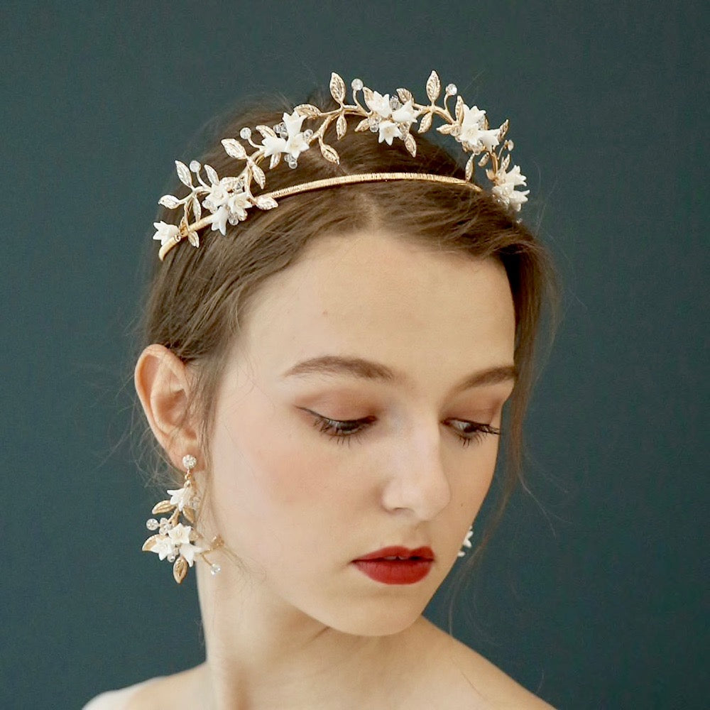 Wedding Hair Accessories - Gold Bridal Ceramic Flowers Double Tiara