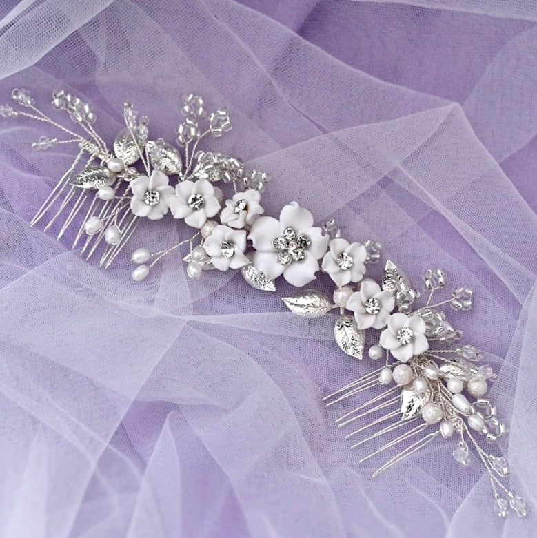 Wedding Hair Accessories - Ceramic Flowers Bridal Headband / Hair Vine - Available in Silver and Gold