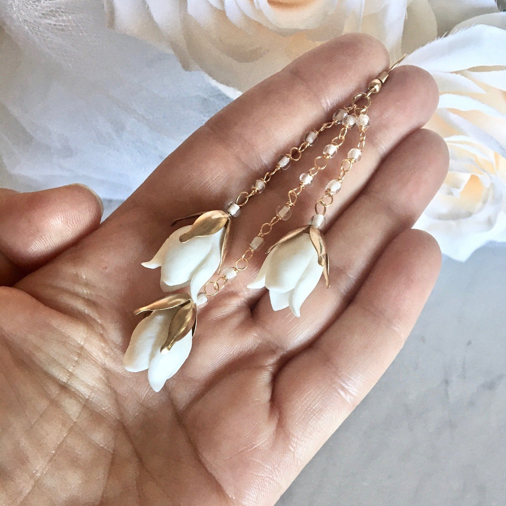 Wedding Pearl Jewelry - Bohemian Ceramic Flowers Bridal Earrings