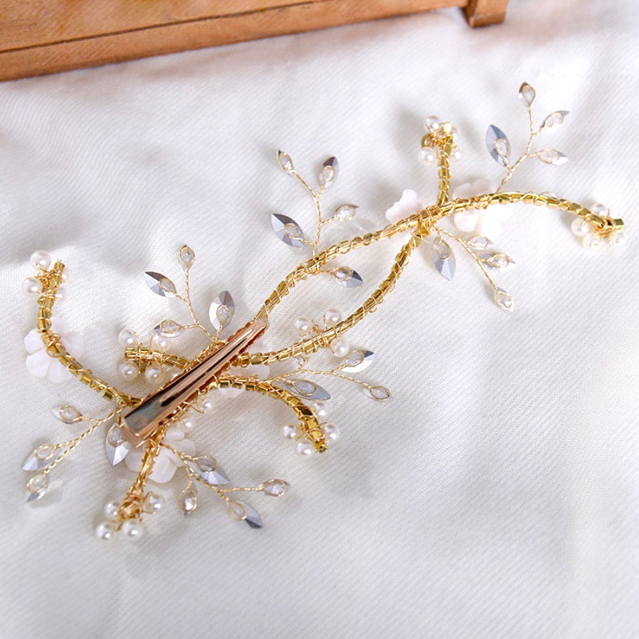 Wedding Hair Accessories - Gold Ceramic Flowers Bridal Hair Clip Vine