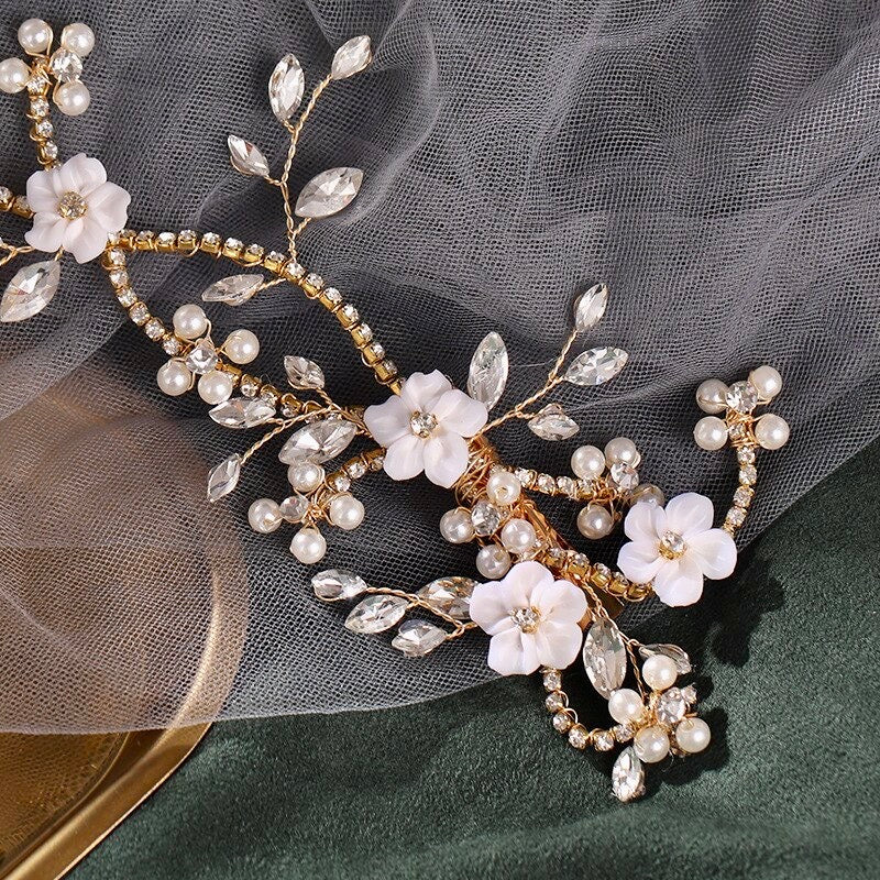 Wedding Hair Accessories - Gold Ceramic Flowers Bridal Hair Clip Vine