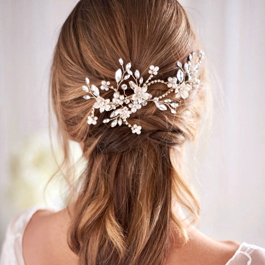 Wedding Hair Accessories - Gold Ceramic Flowers Bridal Hair Clip Vine
