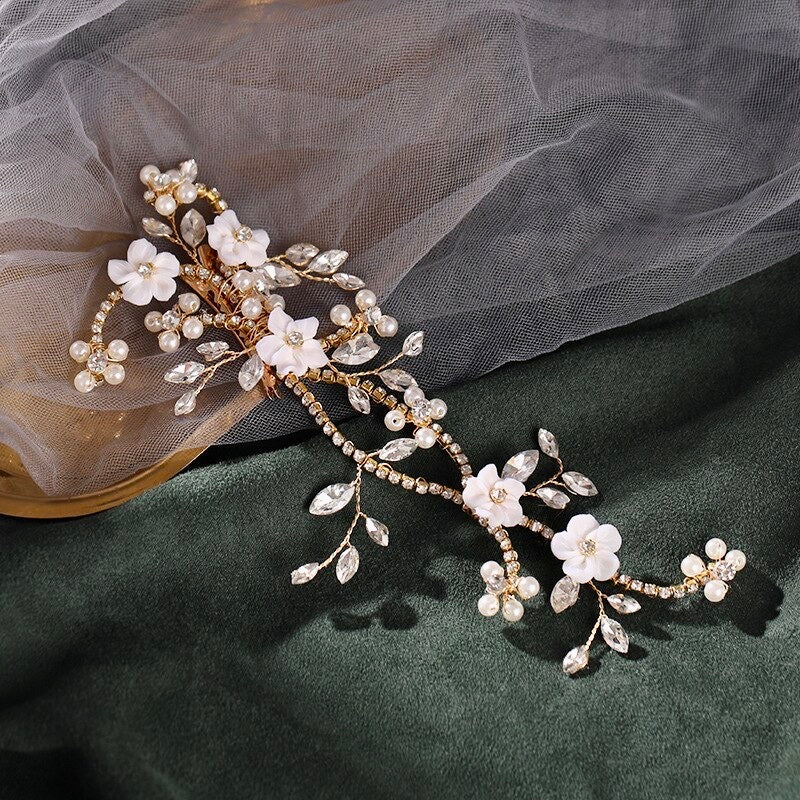 Wedding Hair Accessories - Gold Ceramic Flowers Bridal Hair Clip Vine