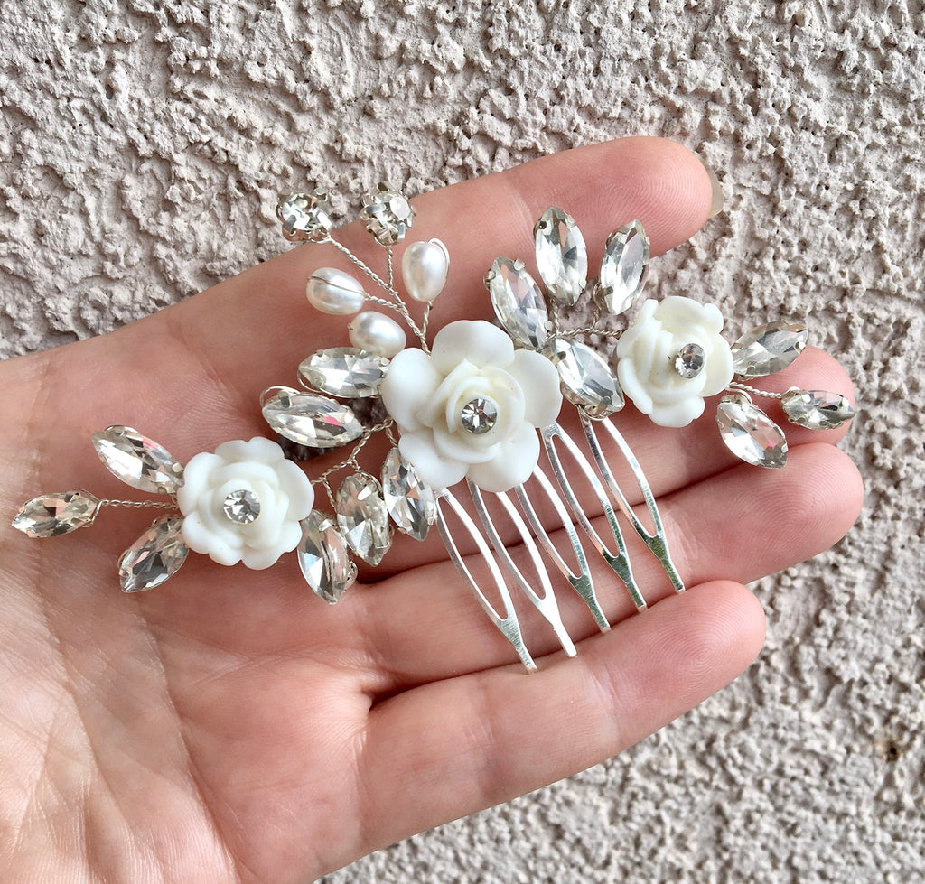 "Maren" - Ceramic Flower Small Bridal Hair Comb