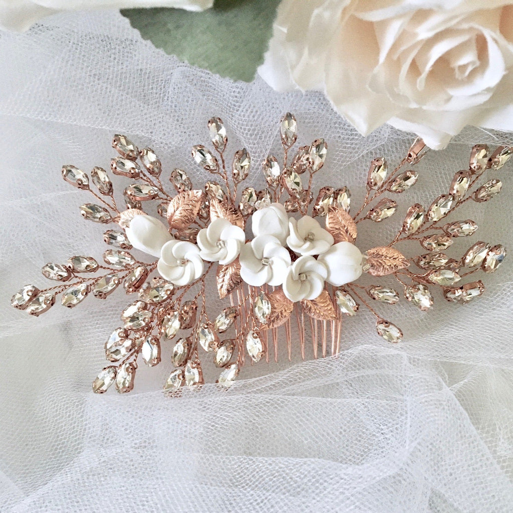 Wedding Hair Accessories - Ceramic Flowers Bridal Hair Comb - Available in Silver, Rose Gold and Yellow Gold